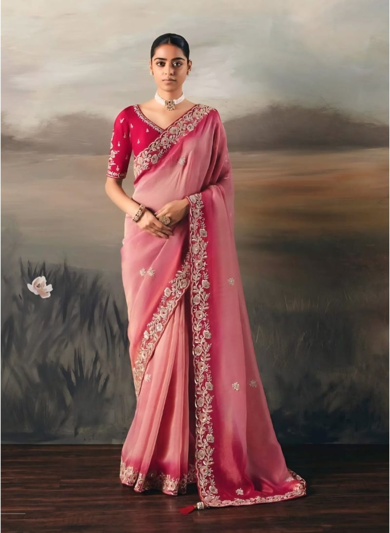 Grab Mantra Light Pink Tissue Silk Saree Dark At Border And Light In Center Plus Full Embroidery Unstitched Blouse - Image 1